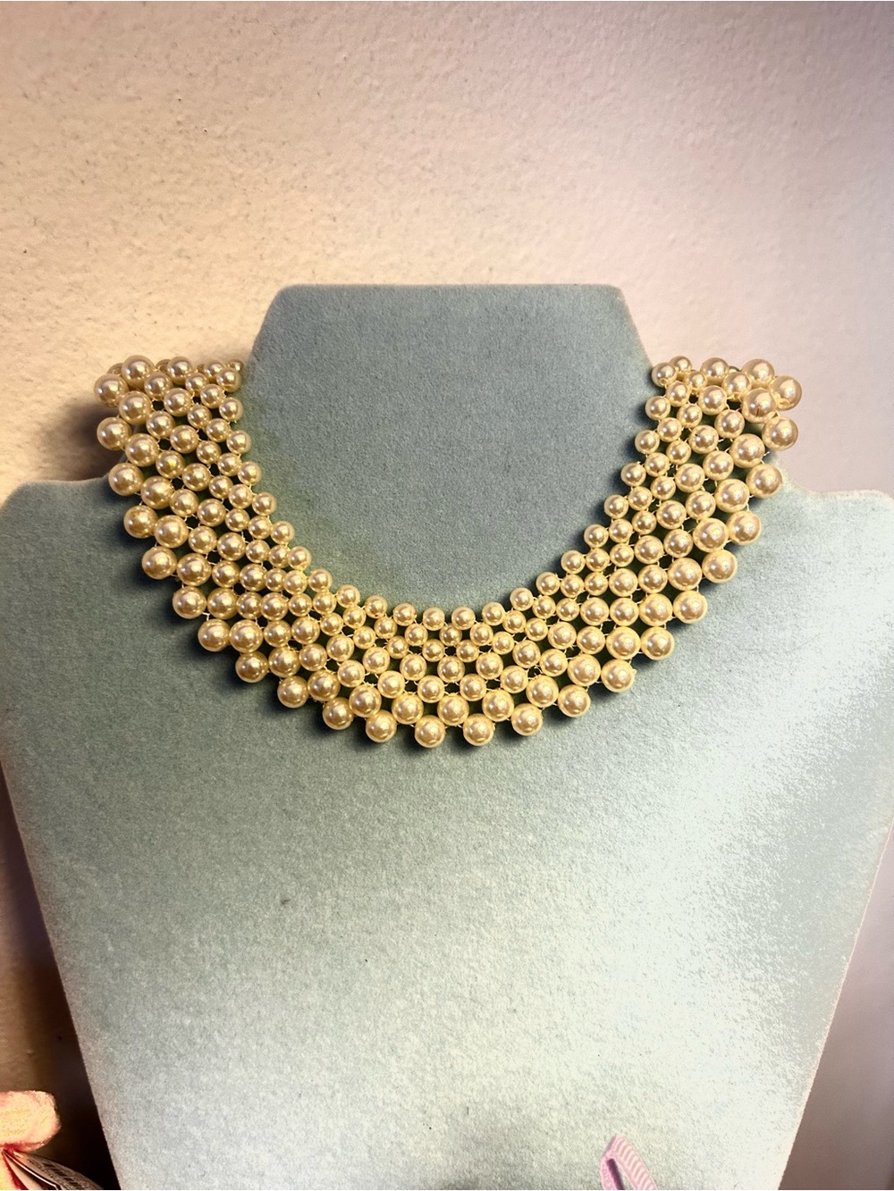Classic Multi-Row Pearl Collar bib choker Necklace Gold Tone 15” lobster clasp